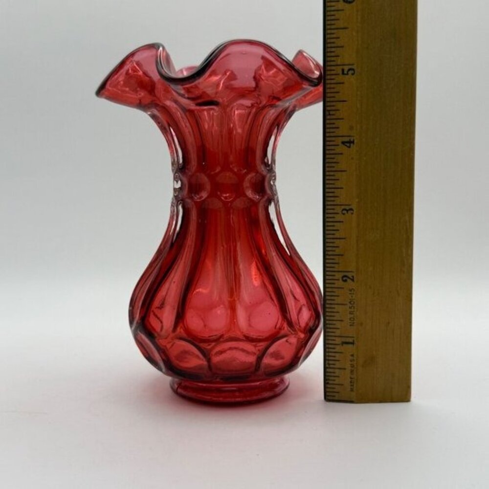 Vintage Fenton Country Cranberry Dot And Flute Ruffled Edge Vase 5in Tall - Picture 7 of 7
